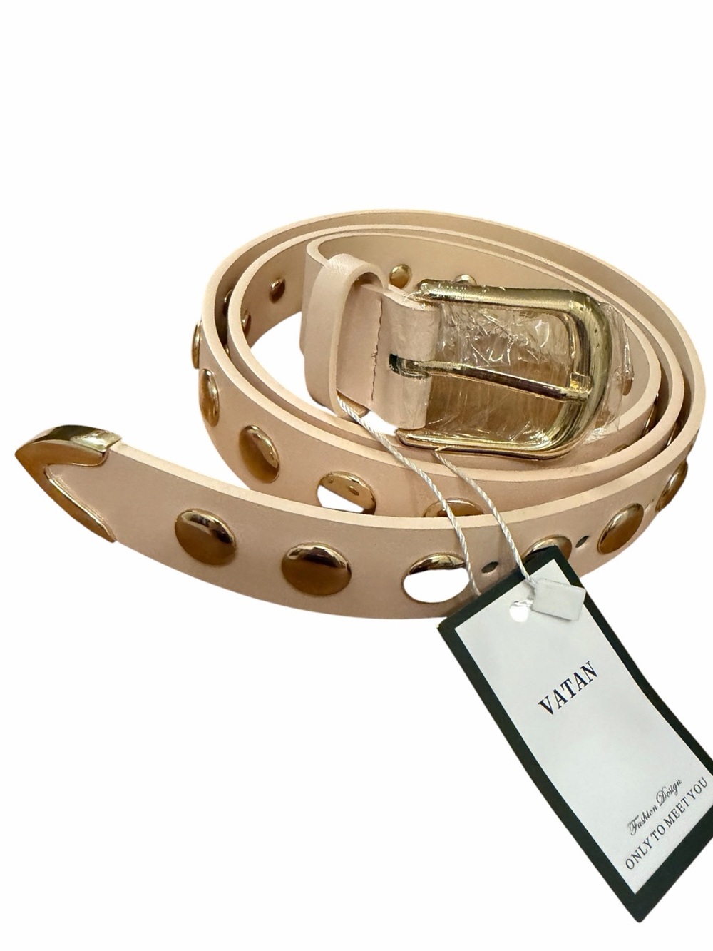 🤎VATAN Eco Friendly Nude Studded Belt w/ Gold Hardware. Measurements in photos